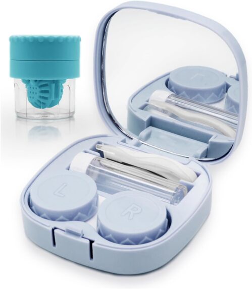 Contact Lens Case with Cleaner Washer, Travel Size Cute Colored Contact Lenses Applicator Removal Tool Kit with Mirror Solution Bottle for Daily Outdoor (Blue)