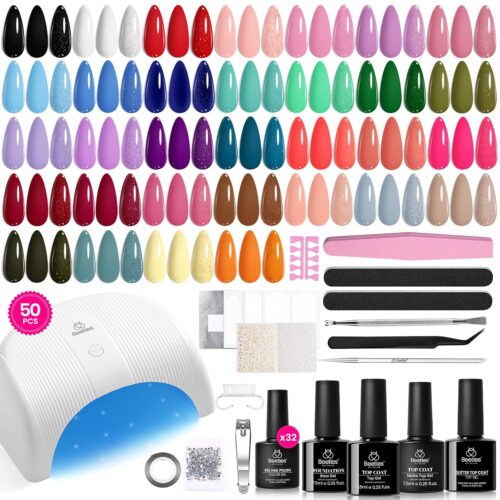 Beetles Gel Nail Polish Kit with U V Light, 32 Colors Gel Polish Nail Kit 50 Pcs Gel Polish Set with Base and Matte&Glossy Top Coat Soak Off Gel Nail Kit Manicure Spring Gifts for Women