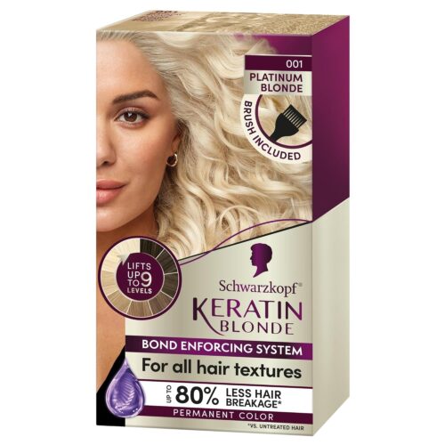 Schwarzkopf Keratin Blonde Hair Dye Platinum Blonde 001, Ultra Lightening Kit, 1 Application – Hair Bleach Enriched with Keratin, Lightens up to 9 Levels and Protects Hair from Breakage