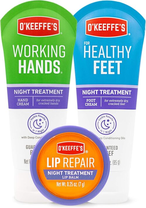 O’Keeffe’s Night Treatment Combo Pack Including Working Hands Night Treatment Hand Cream, Healthy Feet Night Treatment Foot Cream and Lip Repair Night Treatment Lip Balm