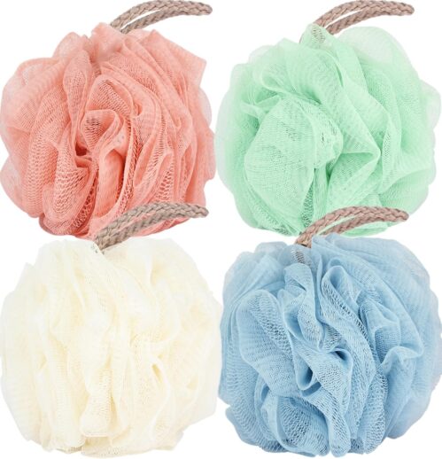 Fu Store Loofah Sponge Shower Loofahs 50g Bath Sponges Mesh Balls 4 Colors for Body Scrubber Exfoliator Wash Back Scrubber Bathroom Men Women – 4 Pack Scrubbers Cleaning Bathing Accessories