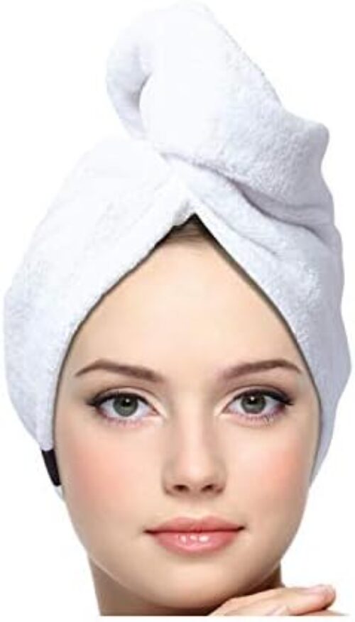KEEPOZ 100% Cotton Hair Towel Wrap Quick Dry Super Absorbent Turban Head Wrap for Women with Button, Anti Frizz, Hair Cap for Curly, Long & Thick Hair (White, 1 Pc)