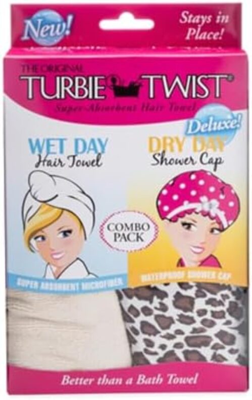 Turbie Twist Super Absorbent Hair Towel & Dry Day Shower Cap Combo, Microfiber Hair Towel & Hair Drying Cap Set, Turbie Twist Women Hair Towel & Wrap