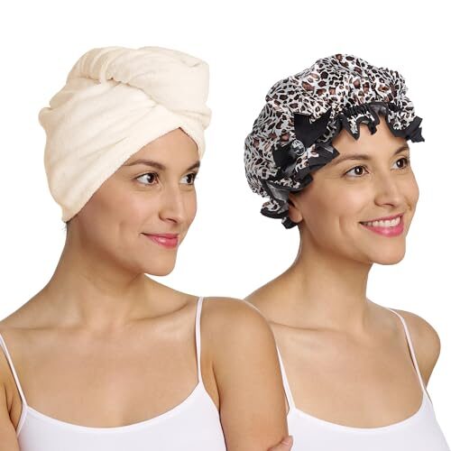 Turbie Twist Microfiber Hair Towel Wrap & Stylin’ Shower Cap for Beauty, Travel, Gifting – Luxury Shower Cap & Hair Turban – Beauty Essentials for Personal Care – Tan & Leopard Print