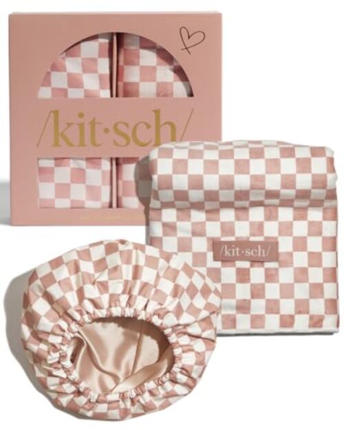 Kitsch Love & Comfort 2PC Spa Set – Satin Lined Reusable Waterproof Shower Cap and XL Quick Dry Hair Towel Wrap for Women, Microfiber Towel, Flexi Shower Cap For All Hair Types – Terracotta Checker