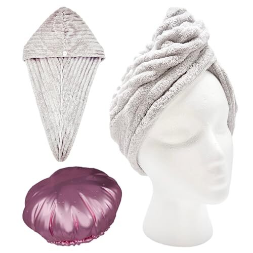 2 Pack New Microfiber Hair Towel Wrap & Shower Cap, Quick Dry, Super Absorbent, Anti-Frizz Turban & Reusable, Waterproof Bath Hat for Women, Adjustable Fit for Curly, Long & All Hair Types