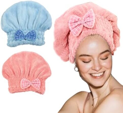 Free Eagle Microfiber Towel Head Wrap, 2 Packs Hair Towel for Curly & Quick Drying Wet Hair, Bath Towel, Absorbent Hair Turban Shower for Women (Pink, Blue)