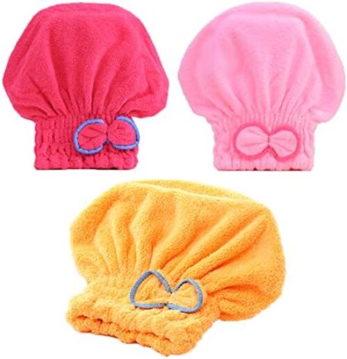 Microfiber Hair Drying Cap，Hair Drying Towel 3Packs,Super Absorbent Quick Dry Hair Turban for Girls and Women Drying Curly，Fast Drying Hair Turban Wrap Towels Shower Cap（Red Pink Yellow）
