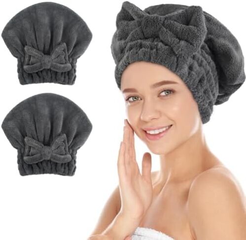 SUNLAND Large Microfiber Hair Drying Caps with Bow knot Fast Drying Shower Cap Soft and Absorbent hairWrap Hair Turban Bath Caps for Curly Thick and wet Hair 11 X 13.4 inch 2 Pack Dgrey