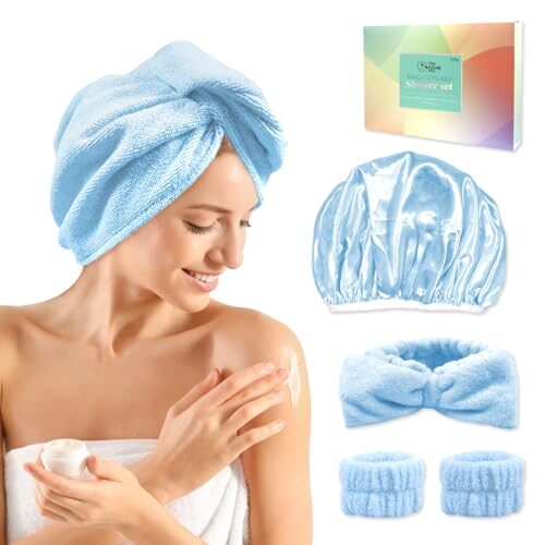 Hair towel wrap for women, Shower cap reusable waterproof, Shower cap and Hair Towel set, Come with a spa headband and wristbands Soft and Breathable for Long Thick Hair-Blue