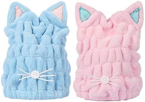 2Pcs Ultra Absorbent Hair Quick Drying Towel Microfiber Hair Dry Wrap Turban Cute Kitty Ears Cap Bath Tool Hat for Women Girls