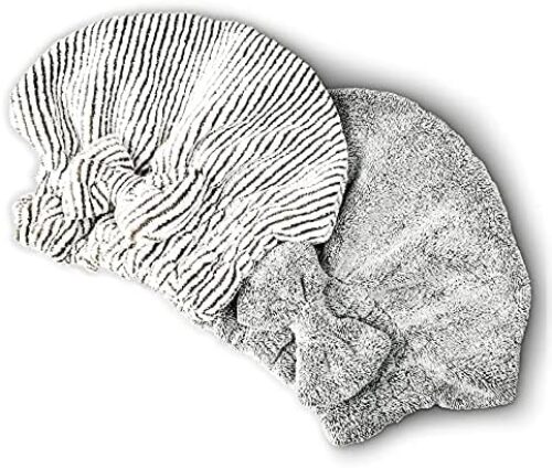 Microfiber Hair Towel Wrap, Soft Absorbent & Quick Drying Cap Set for Curly Thick Hair, Women & Girls – 2 Pcs (Stripe & Gray)