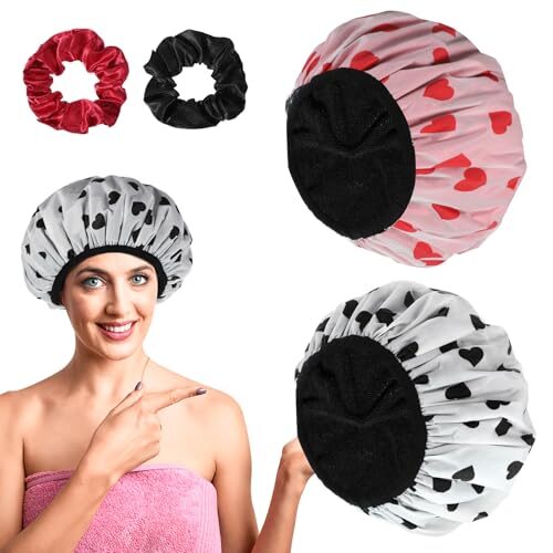2 Packs Terry Cloth Shower Cap, 3 Layer Reusable Waterproof Shower Cap Hair Towel for Women, 11.8 Inches